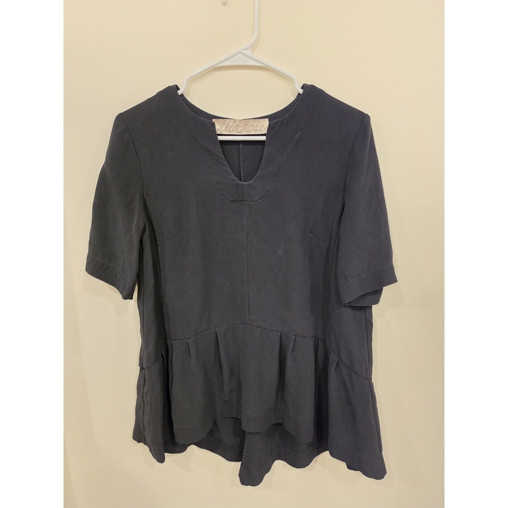 Lela Rose 100%‎ Silk Black Peplum Blouse Womens Size 8 Designer Minimalist USA